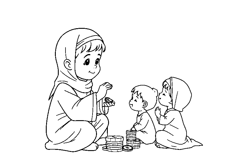 Muslim child giving eidiya coins coloring page