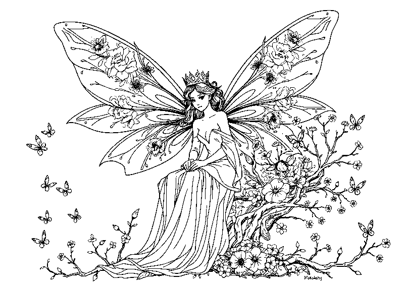 Fairy queen on throne coloring page