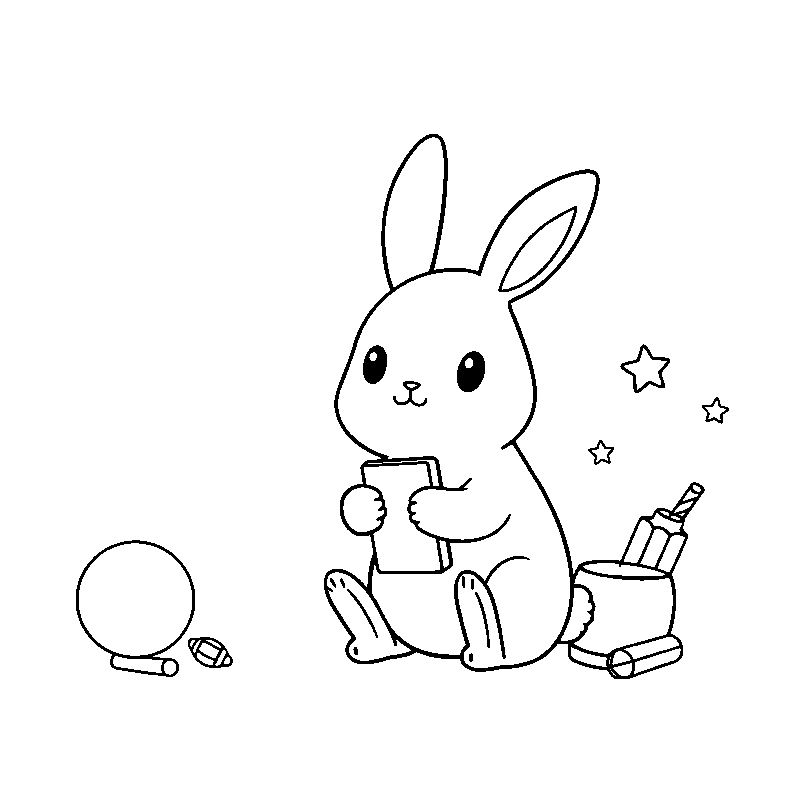 Cute kawaii bunny with toys coloring page