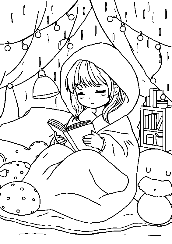 Bambina accoccolata sotto le coperte disegno da colorare