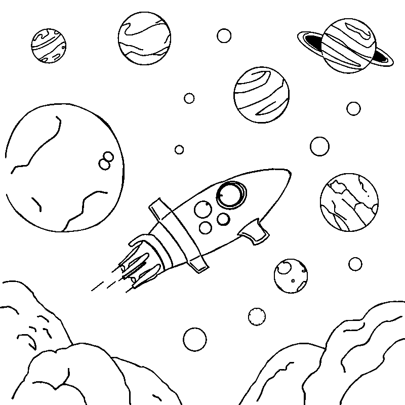 Spaceship among planets coloring page