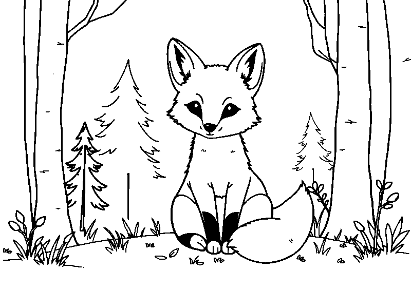 Lindo bebé zorro en el bosque dibujo para colorear