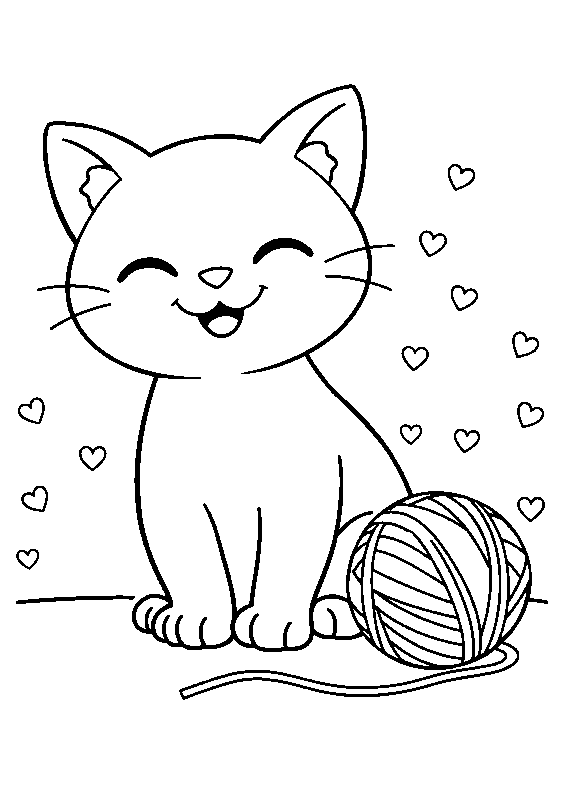 Chaton mignon assis près d'une pelote coloriage