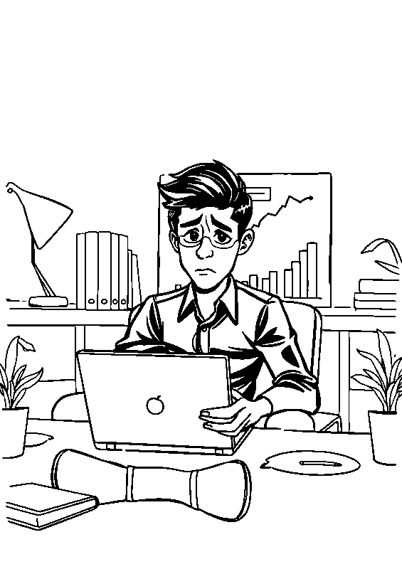 Tired entrepreneur in dark office coloring page