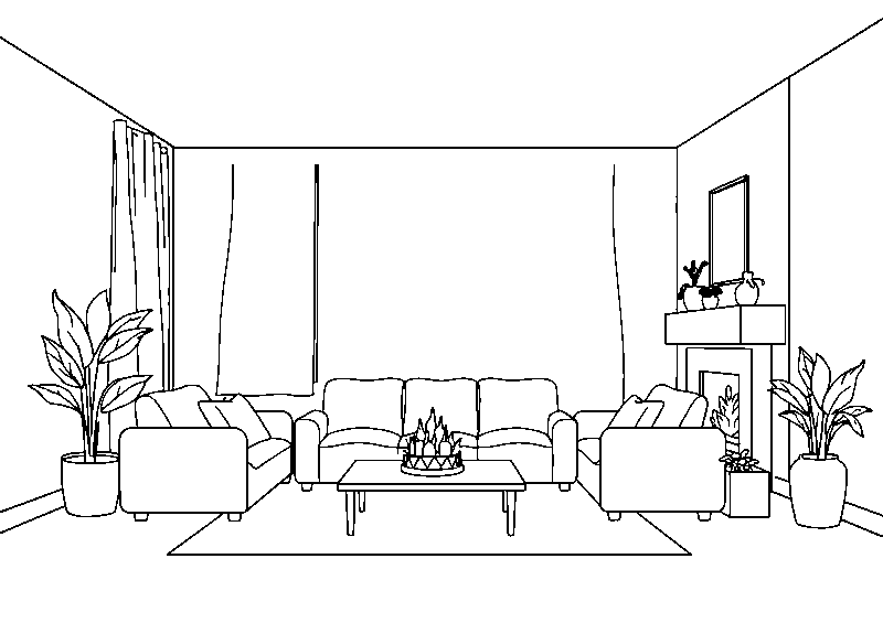 Cozy living room scene coloring page