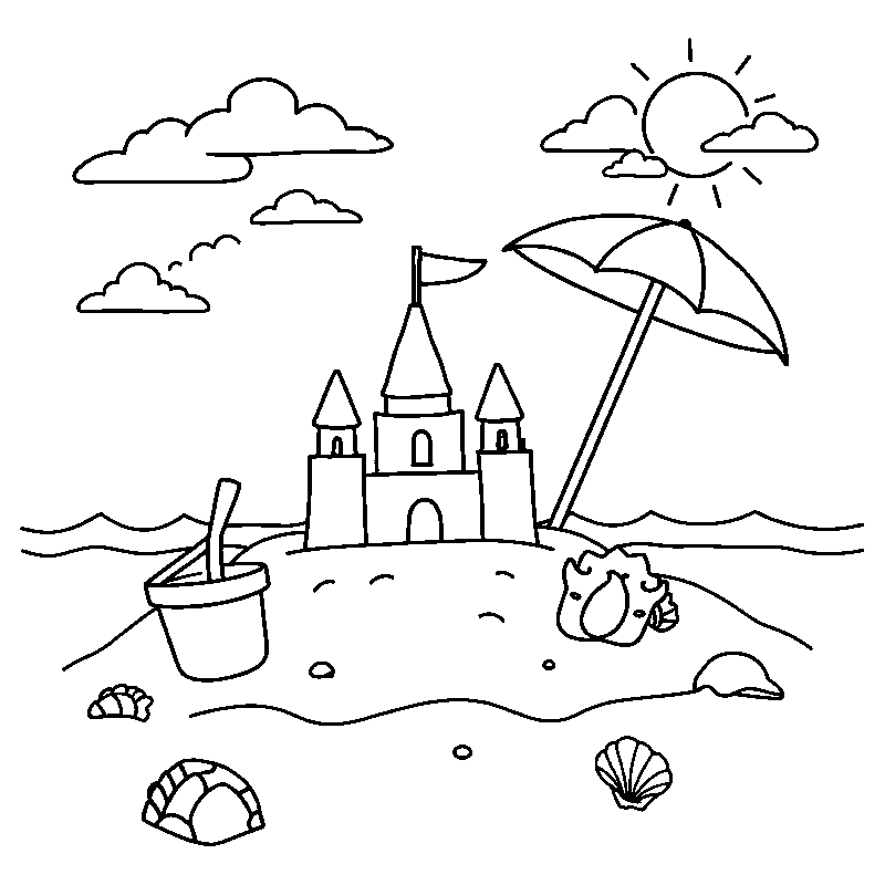 Beach sandcastle scene coloring page