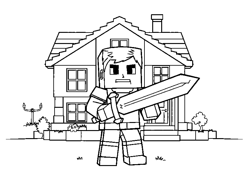 Minecraft steve with diamond sword coloring page
