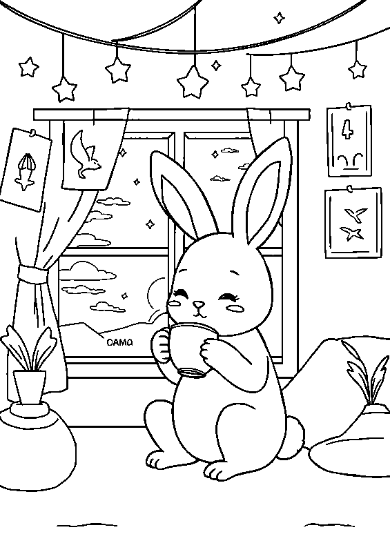 Kawaii hase trinkt tee Malvorlage
