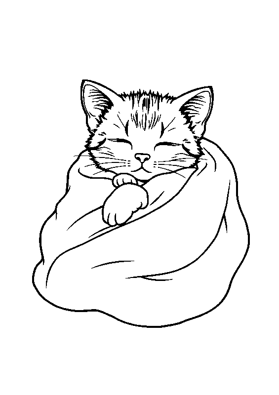 Sleepy kitten in blanket coloring page