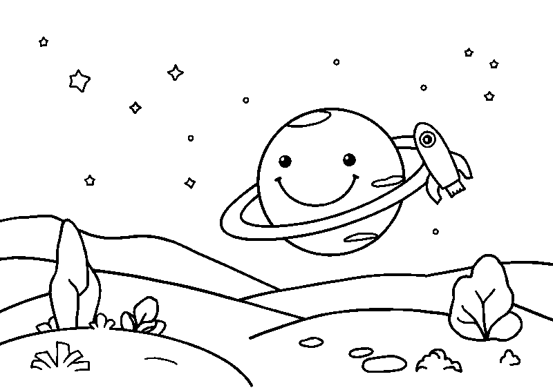 Smiling planet with rocket coloring page