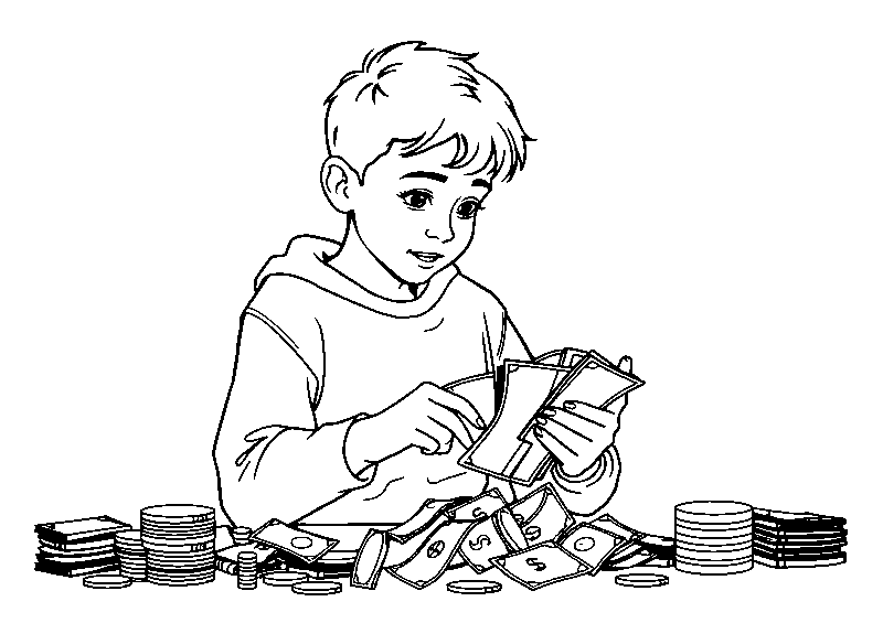 Boy counting money coloring page
