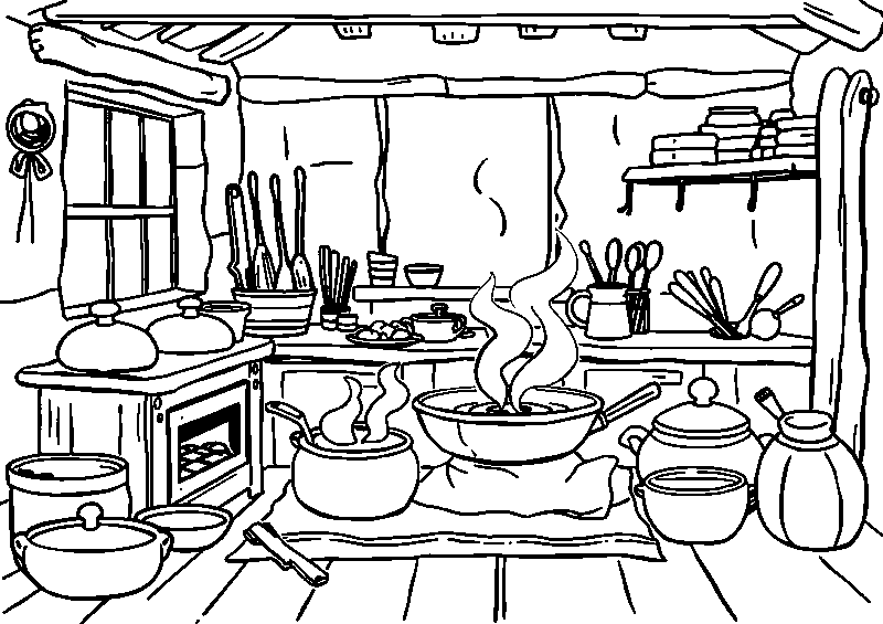 Cocina rural tradicional dibujo para colorear