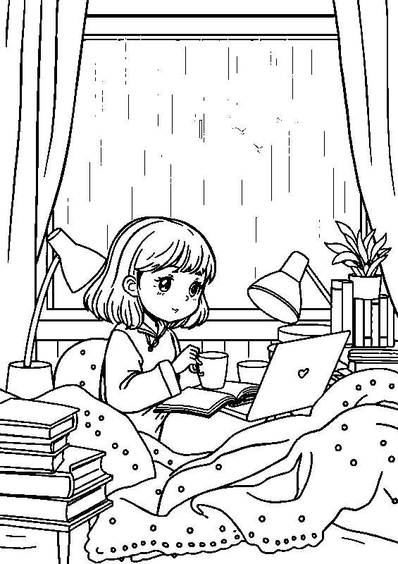 Étudiante cosy par temps de pluie coloriage