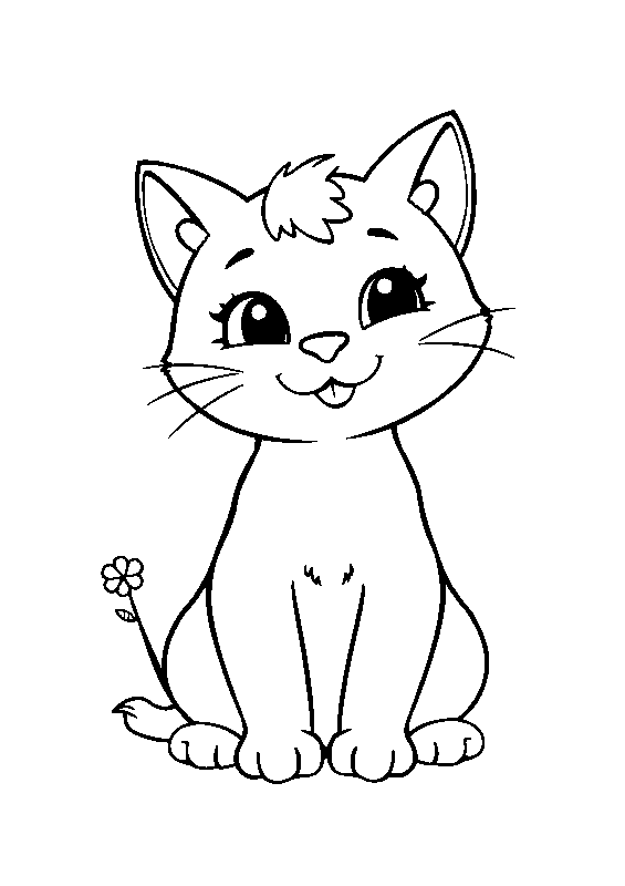 Niedliche sitzende Katze mit Blume Malvorlage