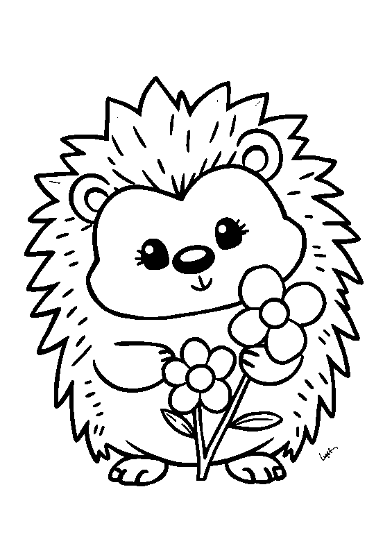 Kawaii hedgehog with flower coloring page
