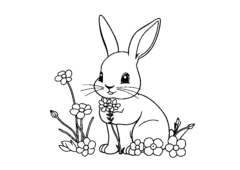 Conejo tierno con flores dibujo para colorear