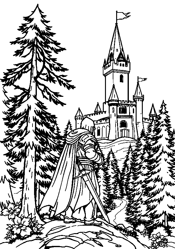 Knight before forested castle coloring page