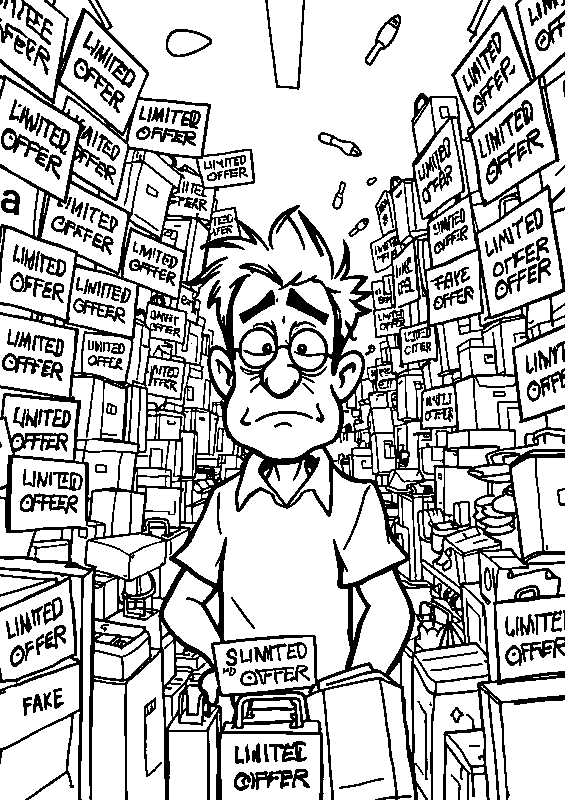 Overwhelmed customer in store chaos coloring page
