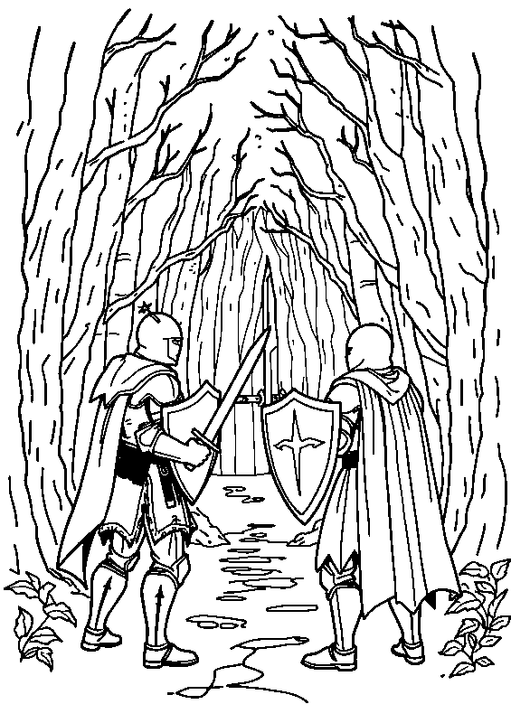 Brave knights facing enchanted forest coloring page