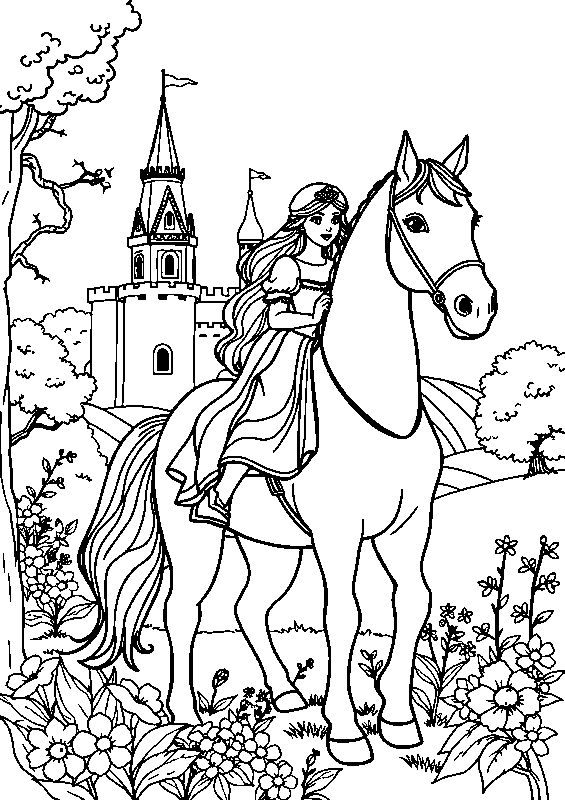 Princesa a cavalo junto ao castelo página para colorir