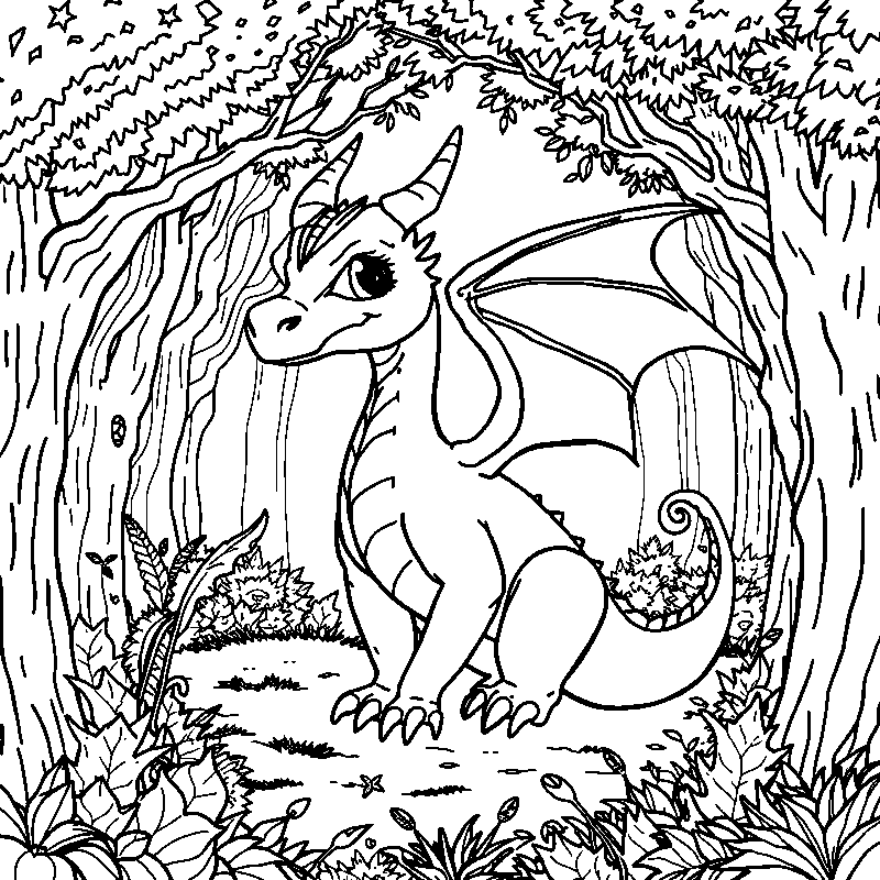 Niedlicher Fantasy-Drache im magischen Wald Malvorlage