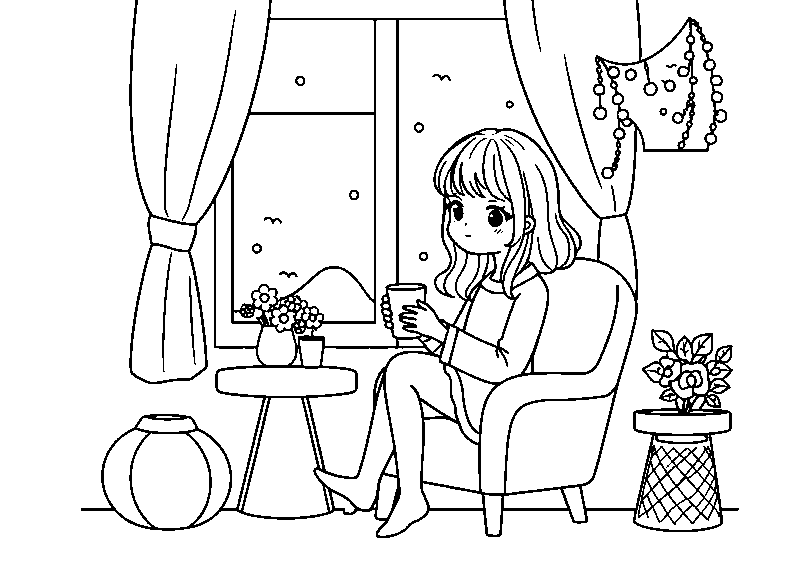 Niña kawaii tomando café dibujo para colorear