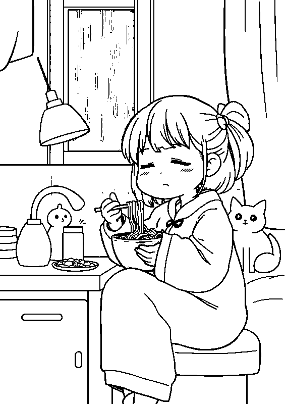 Ragazza accogliente con ramen disegno da colorare