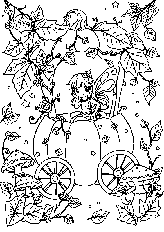 Herbstliche kawaii-fee in kürbiskutsche Malvorlage