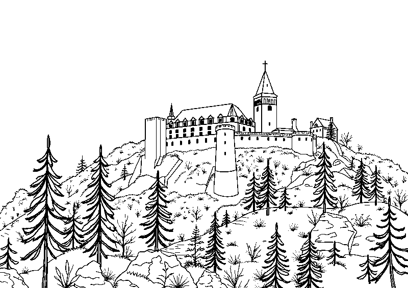 Stone age forest behind castle coloring page