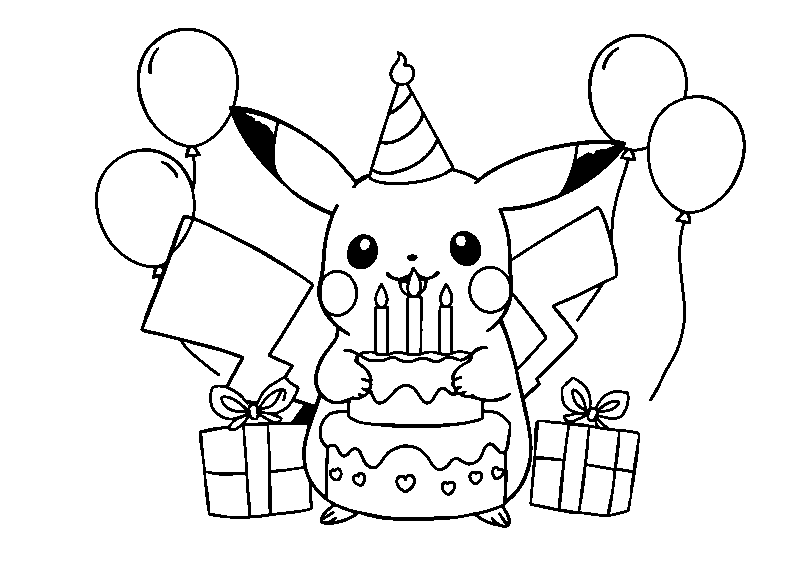 Feestelijke Kawaii Pikachu Verjaardag kleurplaat