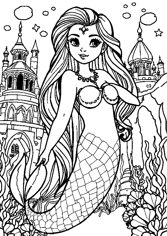 Mermaid girl at atlantis palace coloring page