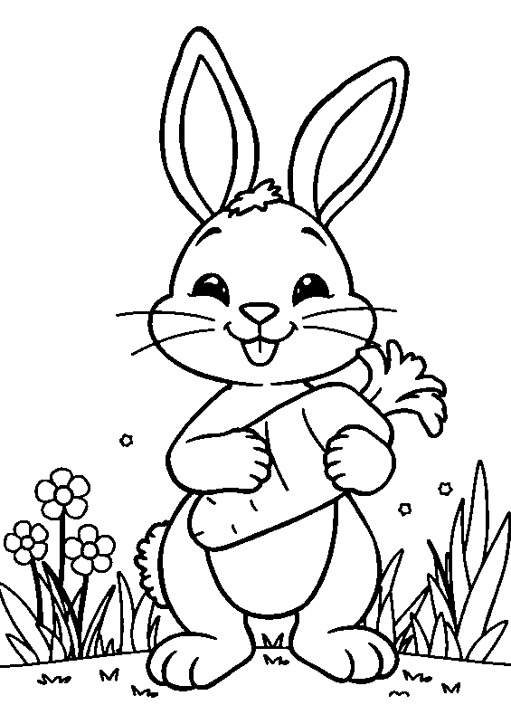 Lapin mignon tenant une carotte géante coloriage
