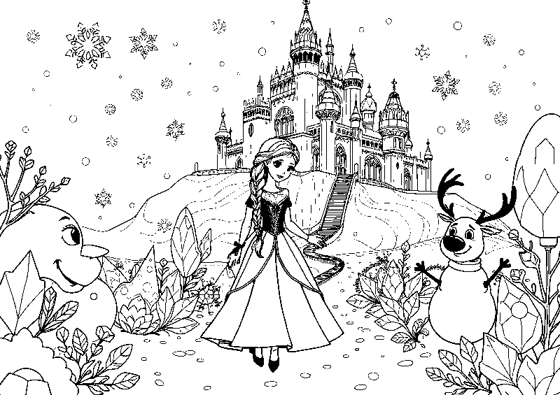 Princess in enchanted ice garden coloring page