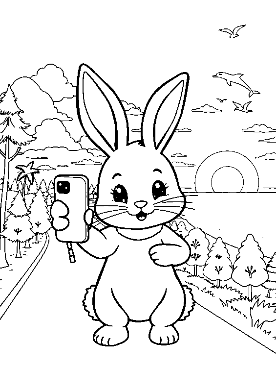 Bunny kawaii prenant un selfie coloriage