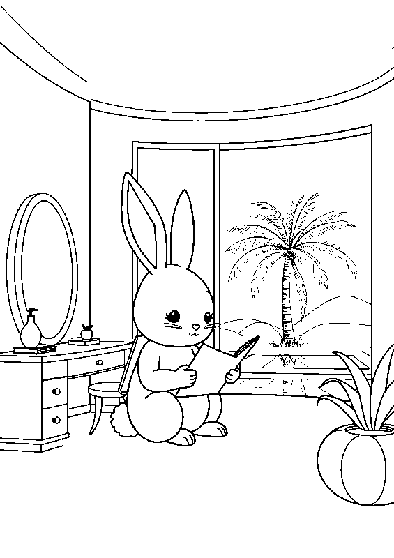 Kawaii bunny studying hard coloring page