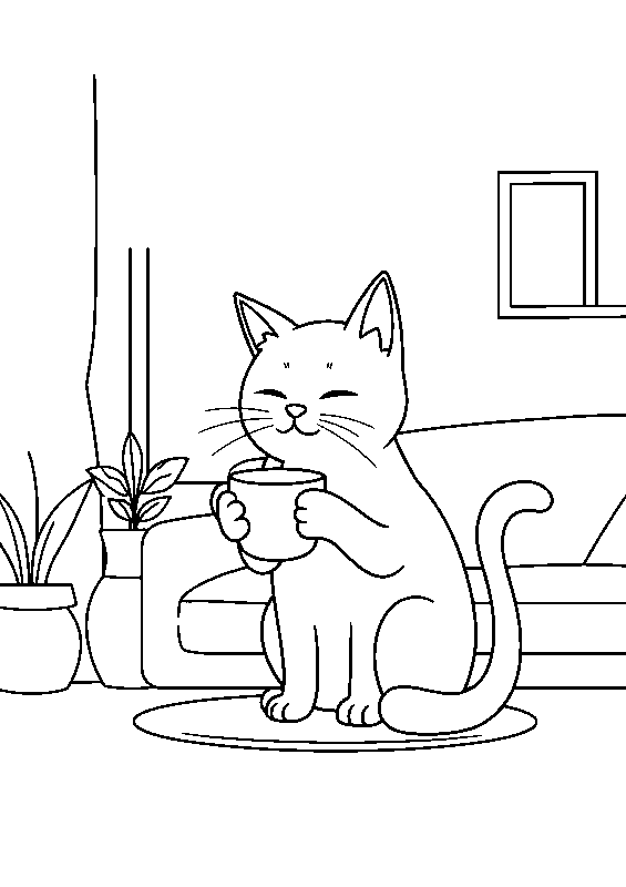 Gattino che sorseggia caffè disegno da colorare