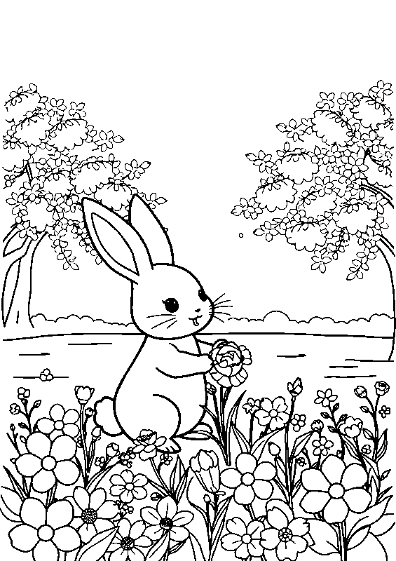 Kawaii hase pflückt blumen im garten Malvorlage