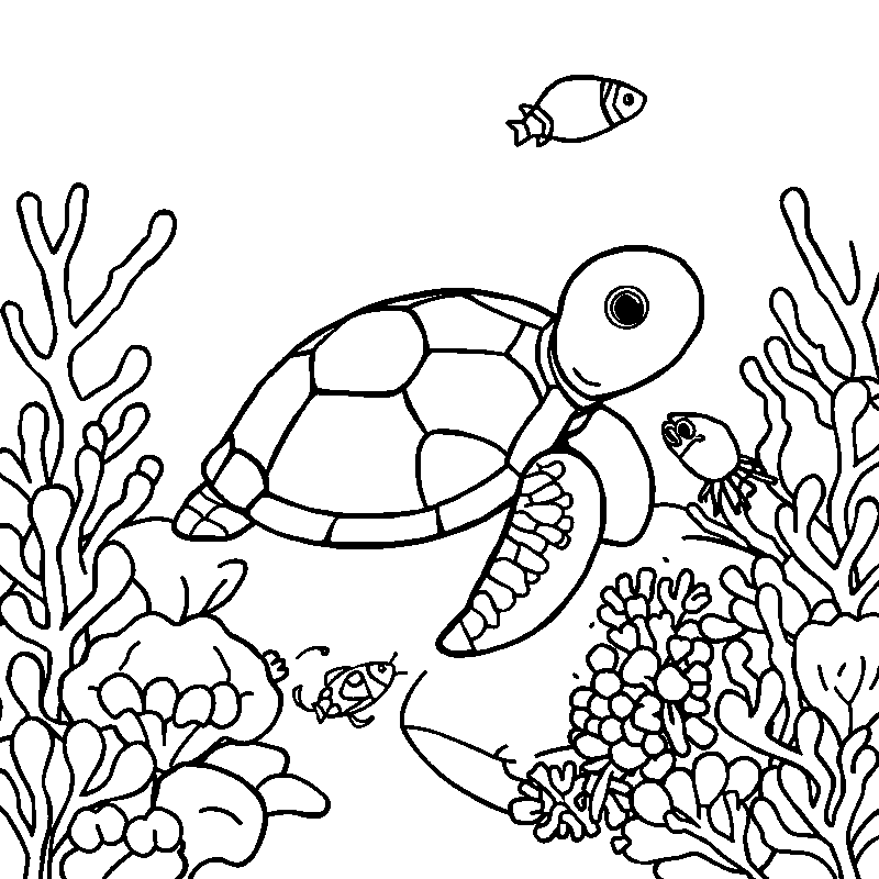 Cute turtle cleaned by sea friends coloring page