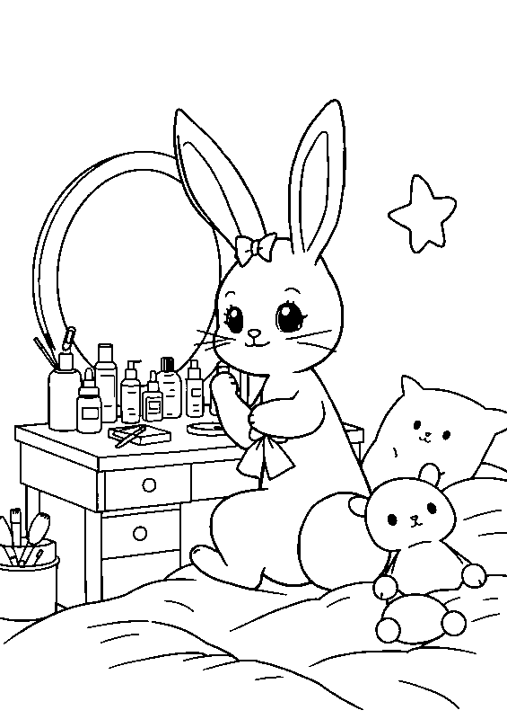 Kawaii tavşan makyaj masasında boyama sayfası