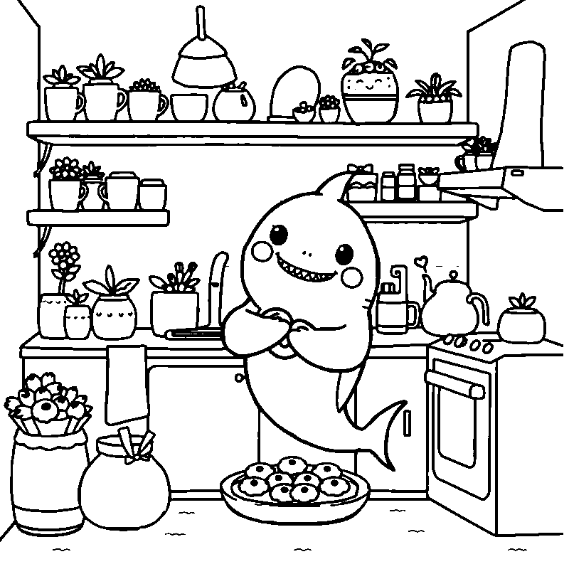 Requin mignon qui cuisine coloriage