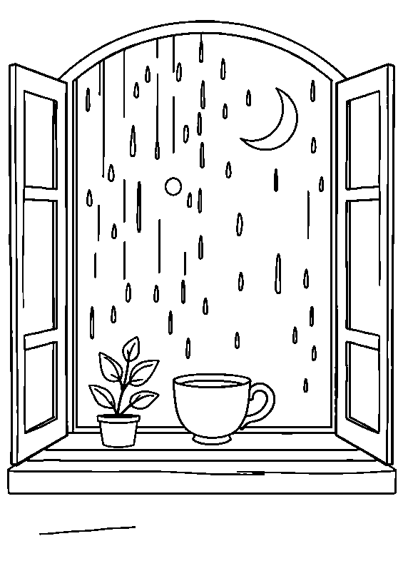 Cozy rainy window with tea coloring page