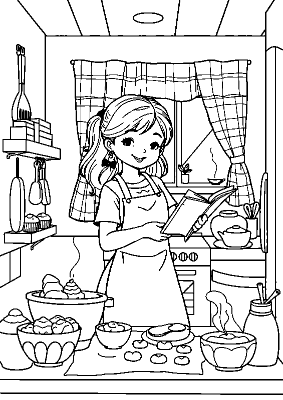 Niña horneando galletas en cocina dibujo para colorear