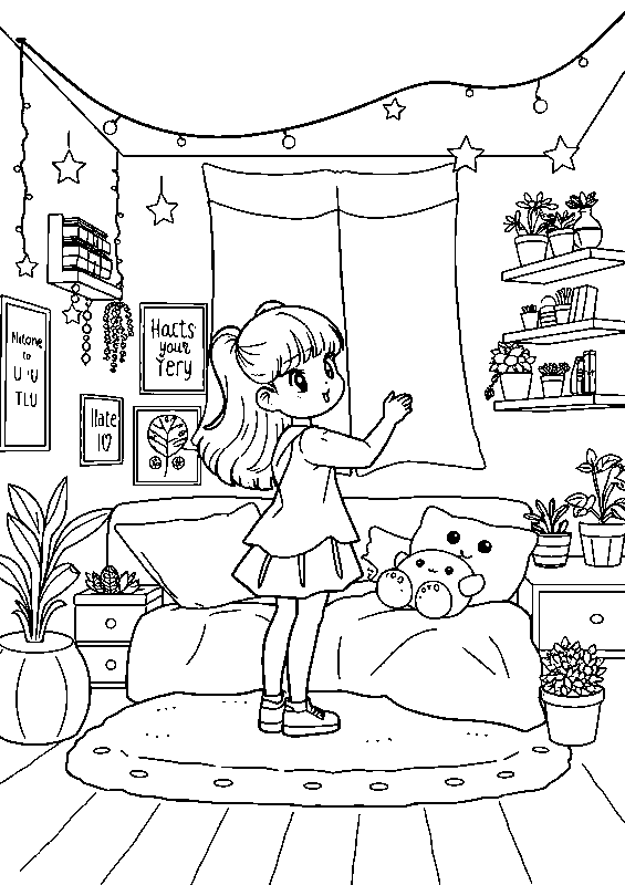 Niña decorando su habitación dibujo para colorear