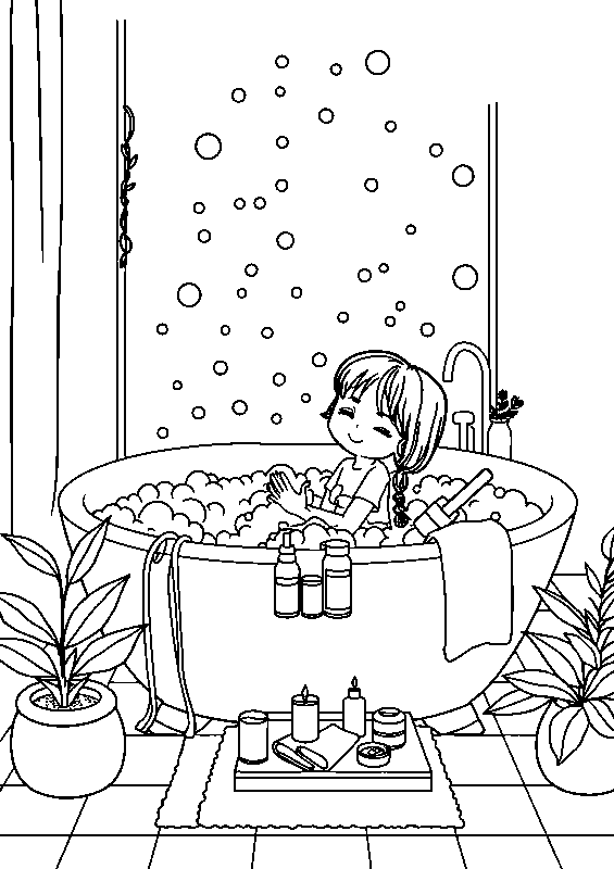 Fille cosy dans un bain moussant coloriage
