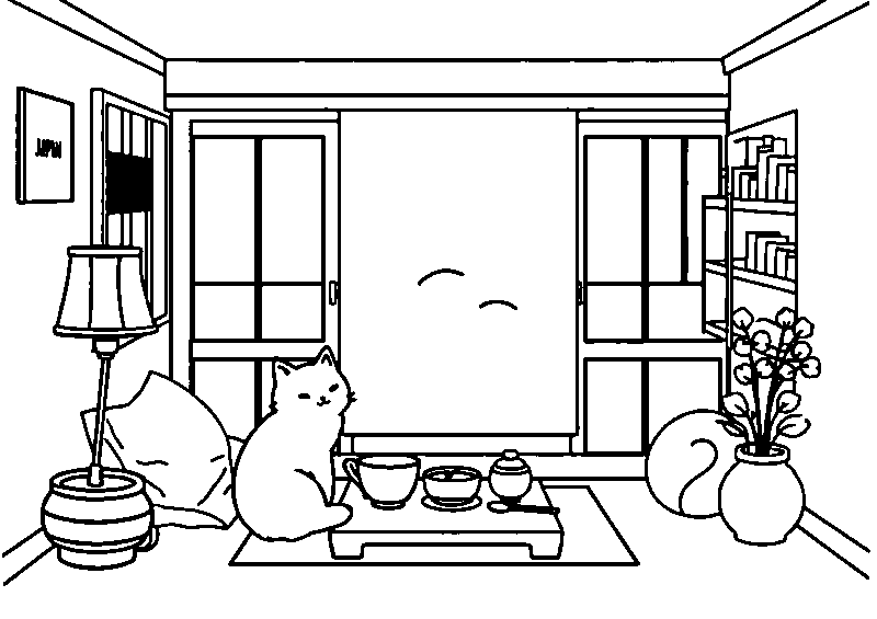 Cozy japanese room with cat coloring page